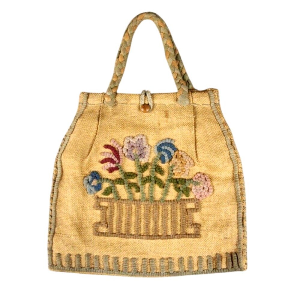 Vintage Hooked Rug Tote Bag Tan Pastel Floral Braided Handles Handmade HTF FLAWS